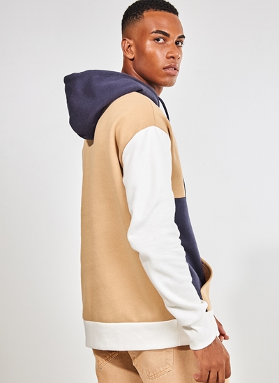 drop shoulder color block drawstring moletom com capuz