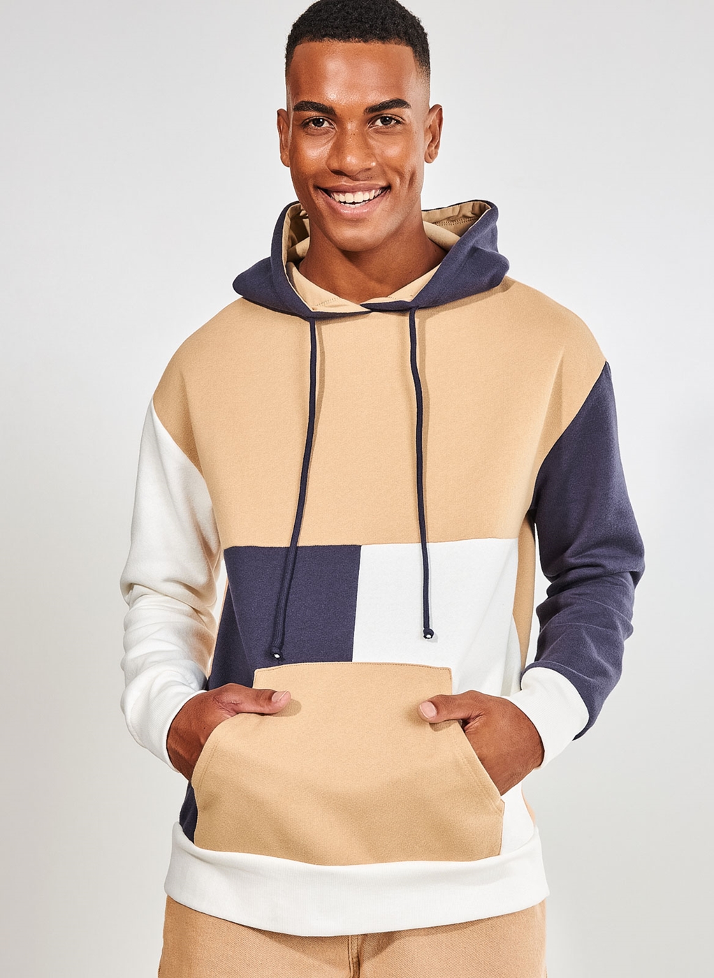 drop shoulder color block drawstring moletom com capuz