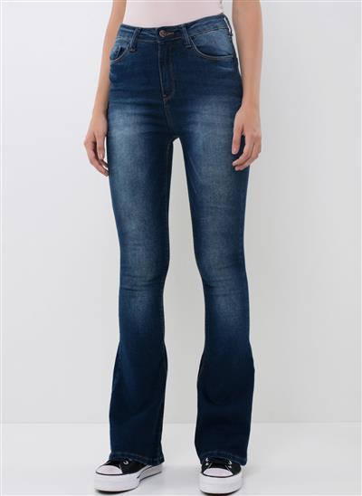 calça flare jeans escuro cintura alta